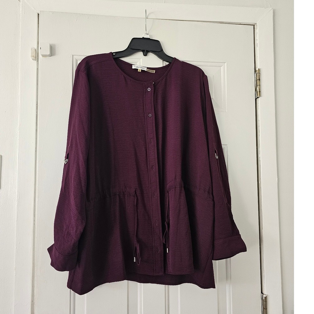 Calvin Klein Blouse Women 1X Purple Excellent Drawstring Waist Roll Tab W2FA8652